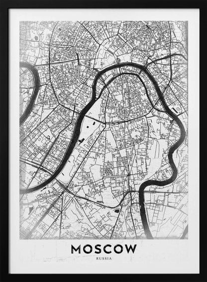 A framed, minimalist black and white street map of Moscow, Russia. The map details the intricate road network and the winding Moskva River. The word 'MOSCOW' is printed in large, black capital letters at the bottom. Print