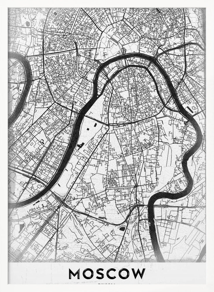 A framed, minimalist black and white street map of Moscow, Russia. The map details the intricate road network and the winding Moskva River. The word 'MOSCOW' is printed in large, black capital letters at the bottom. Print