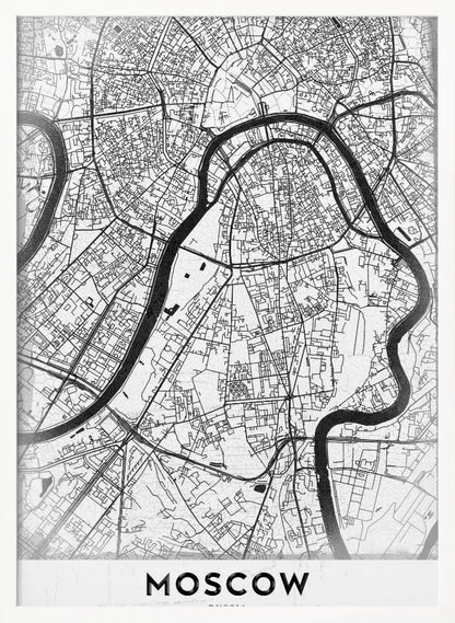 A framed, minimalist black and white street map of Moscow, Russia. The map details the intricate road network and the winding Moskva River. The word 'MOSCOW' is printed in large, black capital letters at the bottom. Print