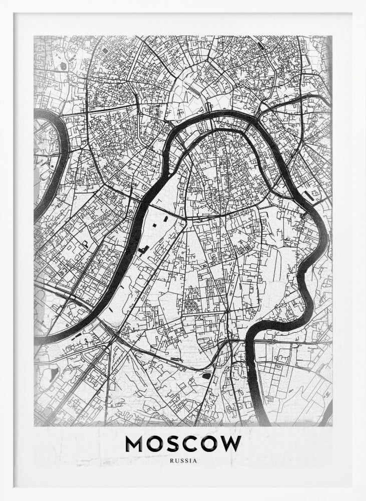 A framed, minimalist black and white street map of Moscow, Russia. The map details the intricate road network and the winding Moskva River. The word 'MOSCOW' is printed in large, black capital letters at the bottom. Print