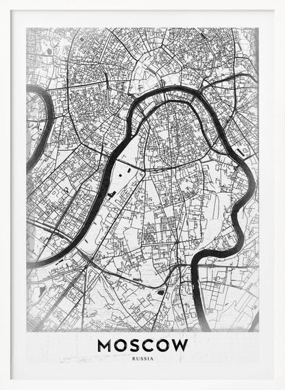 A framed, minimalist black and white street map of Moscow, Russia. The map details the intricate road network and the winding Moskva River. The word 'MOSCOW' is printed in large, black capital letters at the bottom. Print