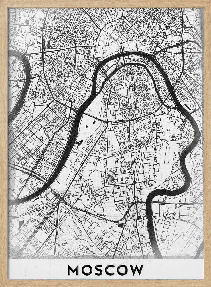A framed, minimalist black and white street map of Moscow, Russia. The map details the intricate road network and the winding Moskva River. The word 'MOSCOW' is printed in large, black capital letters at the bottom. Print