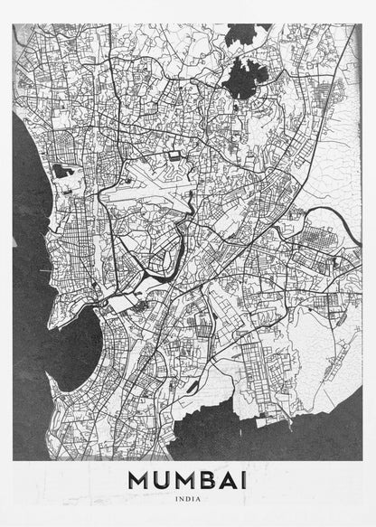 A minimalist black and white framed map of Mumbai. The city's intricate road network is depicted in black lines on a white background, with surrounding water bodies shown in a textured dark grey. The name 'MUMBAI' is in bold, uppercase letters at the bottom. Print