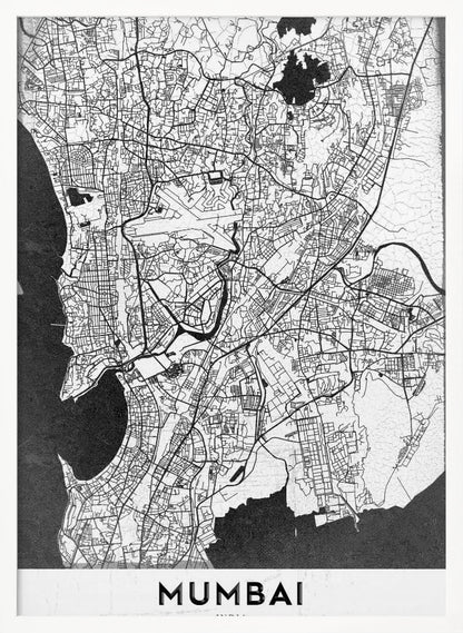 A minimalist black and white framed map of Mumbai. The city's intricate road network is depicted in black lines on a white background, with surrounding water bodies shown in a textured dark grey. The name 'MUMBAI' is in bold, uppercase letters at the bottom. Print