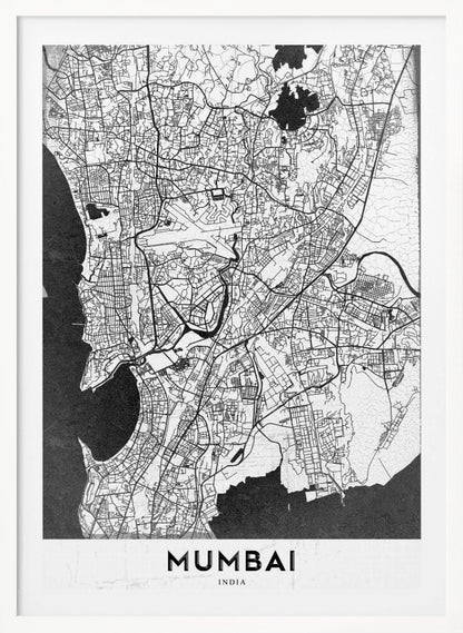 A minimalist black and white framed map of Mumbai. The city's intricate road network is depicted in black lines on a white background, with surrounding water bodies shown in a textured dark grey. The name 'MUMBAI' is in bold, uppercase letters at the bottom. Print