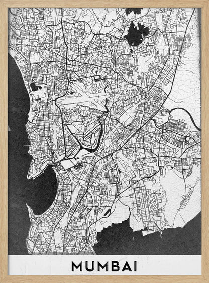 A minimalist black and white framed map of Mumbai. The city's intricate road network is depicted in black lines on a white background, with surrounding water bodies shown in a textured dark grey. The name 'MUMBAI' is in bold, uppercase letters at the bottom. Print