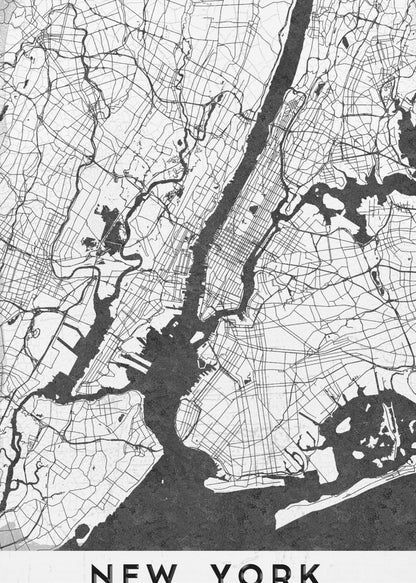 A minimalist black and white map of New York City. The land is depicted in white with a network of black lines for streets, while the rivers and bay are solid black. The artwork is enclosed in a thin black frame, and at the bottom, a white border contains the text 'NEW YORK' in a bold, black, sans-serif font. Wall Art