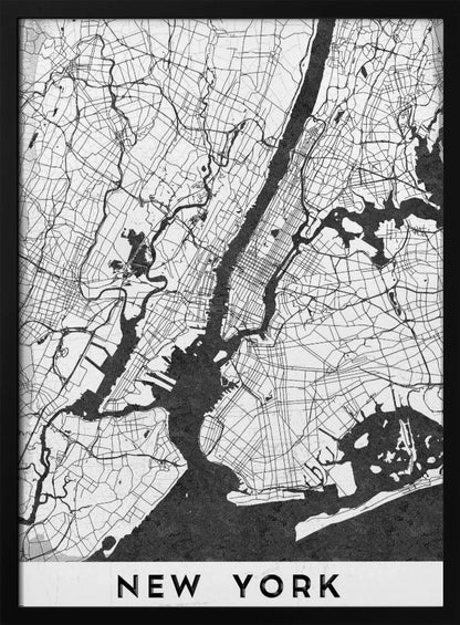 A minimalist black and white map of New York City. The land is depicted in white with a network of black lines for streets, while the rivers and bay are solid black. The artwork is enclosed in a thin black frame, and at the bottom, a white border contains the text 'NEW YORK' in a bold, black, sans-serif font. Wall Art