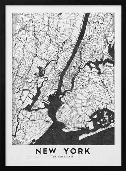 A minimalist black and white map of New York City. The land is depicted in white with a network of black lines for streets, while the rivers and bay are solid black. The artwork is enclosed in a thin black frame, and at the bottom, a white border contains the text 'NEW YORK' in a bold, black, sans-serif font. Wall Art