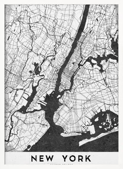 A minimalist black and white map of New York City. The land is depicted in white with a network of black lines for streets, while the rivers and bay are solid black. The artwork is enclosed in a thin black frame, and at the bottom, a white border contains the text 'NEW YORK' in a bold, black, sans-serif font. Wall Art
