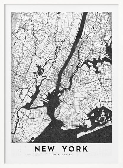 A minimalist black and white map of New York City. The land is depicted in white with a network of black lines for streets, while the rivers and bay are solid black. The artwork is enclosed in a thin black frame, and at the bottom, a white border contains the text 'NEW YORK' in a bold, black, sans-serif font. Wall Art