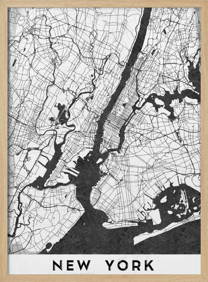 A minimalist black and white map of New York City. The land is depicted in white with a network of black lines for streets, while the rivers and bay are solid black. The artwork is enclosed in a thin black frame, and at the bottom, a white border contains the text 'NEW YORK' in a bold, black, sans-serif font. Wall Art