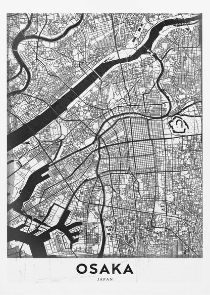 A framed black and white map of Osaka, Japan. The map details the city's streets, blocks, and rivers in a modern, graphic style. At the bottom, a white border contains the word 'OSAKA' in a bold, black, sans-serif font. Print