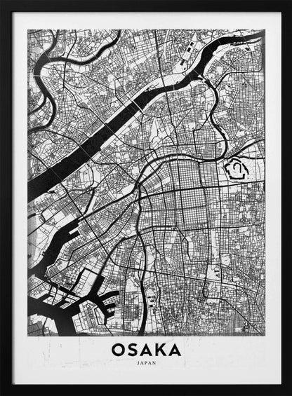 A framed black and white map of Osaka, Japan. The map details the city's streets, blocks, and rivers in a modern, graphic style. At the bottom, a white border contains the word 'OSAKA' in a bold, black, sans-serif font. Print