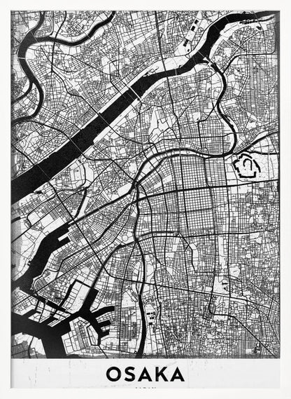 A framed black and white map of Osaka, Japan. The map details the city's streets, blocks, and rivers in a modern, graphic style. At the bottom, a white border contains the word 'OSAKA' in a bold, black, sans-serif font. Print