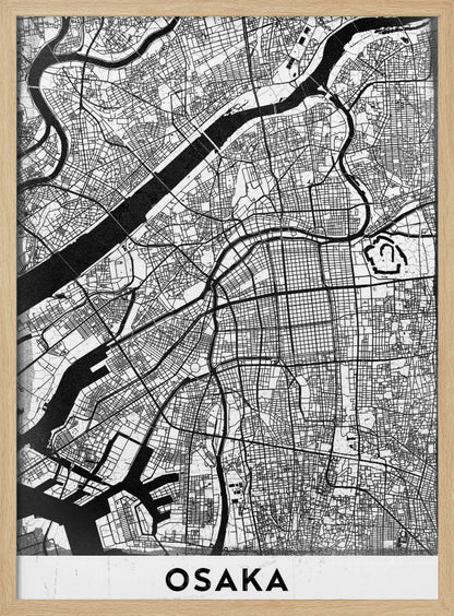 A framed black and white map of Osaka, Japan. The map details the city's streets, blocks, and rivers in a modern, graphic style. At the bottom, a white border contains the word 'OSAKA' in a bold, black, sans-serif font. Print