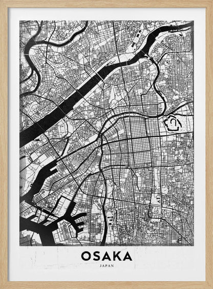 A framed black and white map of Osaka, Japan. The map details the city's streets, blocks, and rivers in a modern, graphic style. At the bottom, a white border contains the word 'OSAKA' in a bold, black, sans-serif font. Print