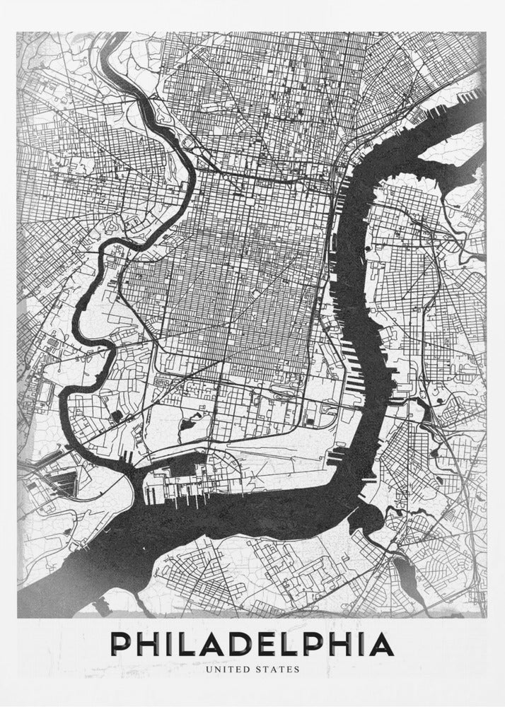 A modern black and white framed poster of a city map of Philadelphia. The map details the street grid, with the Schuylkill and Delaware rivers prominently featured in solid black. The word 'PHILADELPHIA' is printed in a bold, black sans-serif font at the bottom. Artwork
