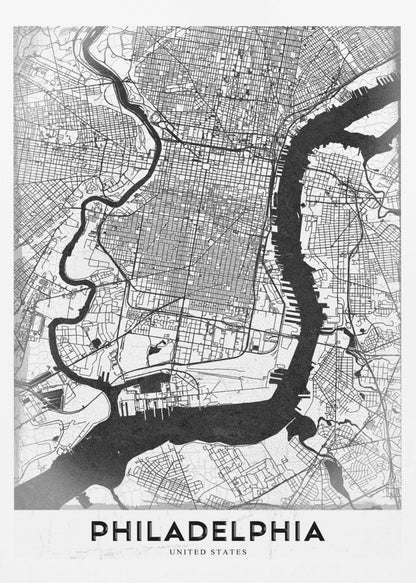 A modern black and white framed poster of a city map of Philadelphia. The map details the street grid, with the Schuylkill and Delaware rivers prominently featured in solid black. The word 'PHILADELPHIA' is printed in a bold, black sans-serif font at the bottom. Artwork