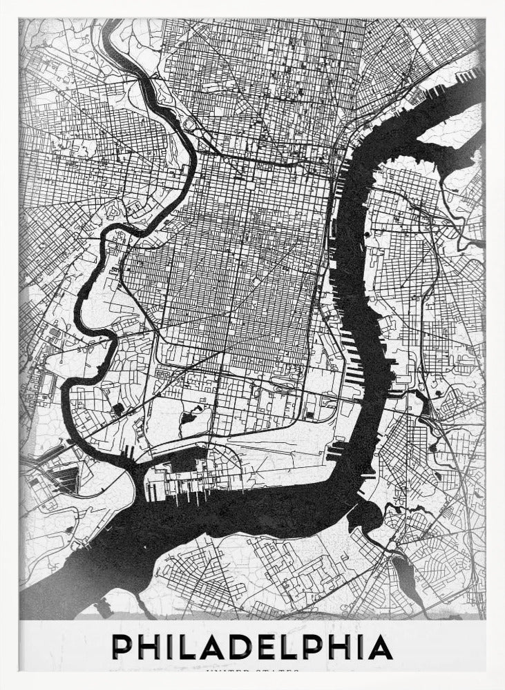 A modern black and white framed poster of a city map of Philadelphia. The map details the street grid, with the Schuylkill and Delaware rivers prominently featured in solid black. The word 'PHILADELPHIA' is printed in a bold, black sans-serif font at the bottom. Artwork