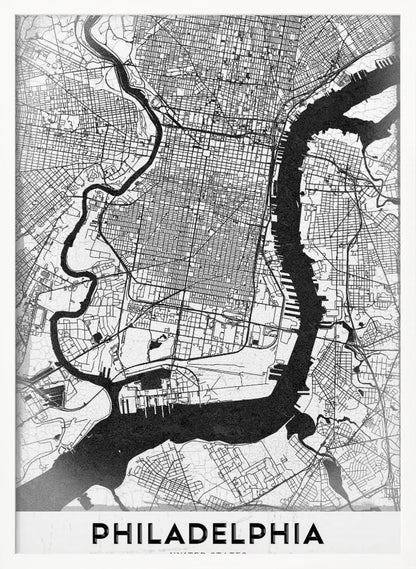 A modern black and white framed poster of a city map of Philadelphia. The map details the street grid, with the Schuylkill and Delaware rivers prominently featured in solid black. The word 'PHILADELPHIA' is printed in a bold, black sans-serif font at the bottom. Artwork