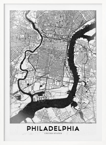 A modern black and white framed poster of a city map of Philadelphia. The map details the street grid, with the Schuylkill and Delaware rivers prominently featured in solid black. The word 'PHILADELPHIA' is printed in a bold, black sans-serif font at the bottom. Artwork