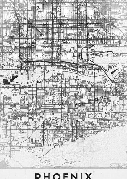 A minimalist black and white street map of Phoenix, Arizona, presented in a black frame. The map features a dense grid of roads on a lightly textured white background, with the city's name 'PHOENIX' printed in large, black capital letters at the bottom. Wall Art