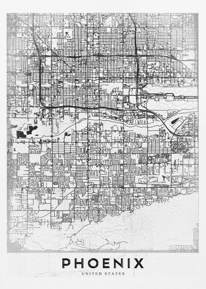 A minimalist black and white street map of Phoenix, Arizona, presented in a black frame. The map features a dense grid of roads on a lightly textured white background, with the city's name 'PHOENIX' printed in large, black capital letters at the bottom. Wall Art