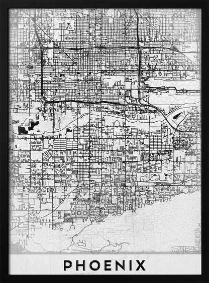 A minimalist black and white street map of Phoenix, Arizona, presented in a black frame. The map features a dense grid of roads on a lightly textured white background, with the city's name 'PHOENIX' printed in large, black capital letters at the bottom. Wall Art