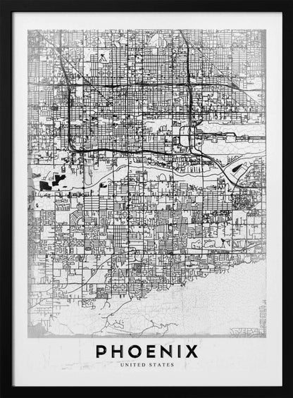A minimalist black and white street map of Phoenix, Arizona, presented in a black frame. The map features a dense grid of roads on a lightly textured white background, with the city's name 'PHOENIX' printed in large, black capital letters at the bottom. Wall Art
