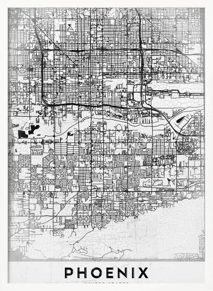 A minimalist black and white street map of Phoenix, Arizona, presented in a black frame. The map features a dense grid of roads on a lightly textured white background, with the city's name 'PHOENIX' printed in large, black capital letters at the bottom. Wall Art