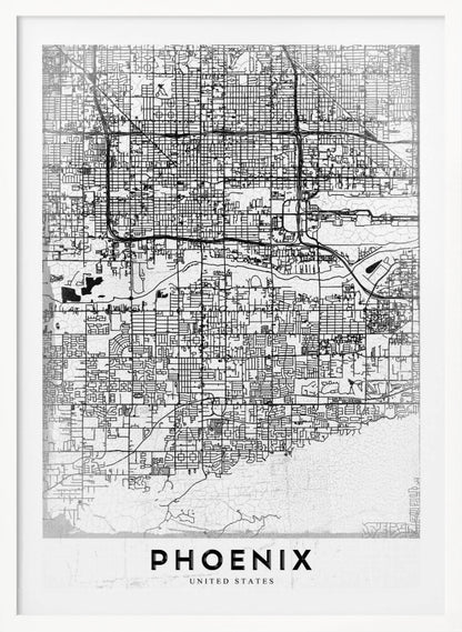 A minimalist black and white street map of Phoenix, Arizona, presented in a black frame. The map features a dense grid of roads on a lightly textured white background, with the city's name 'PHOENIX' printed in large, black capital letters at the bottom. Wall Art