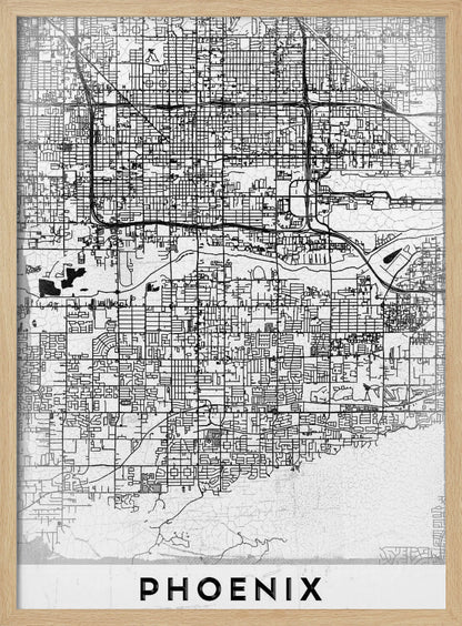 A minimalist black and white street map of Phoenix, Arizona, presented in a black frame. The map features a dense grid of roads on a lightly textured white background, with the city's name 'PHOENIX' printed in large, black capital letters at the bottom. Wall Art