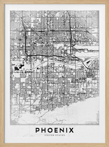 A minimalist black and white street map of Phoenix, Arizona, presented in a black frame. The map features a dense grid of roads on a lightly textured white background, with the city's name 'PHOENIX' printed in large, black capital letters at the bottom. Wall Art
