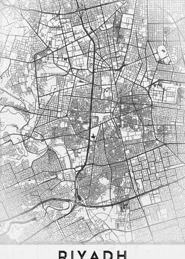 A minimalist, black and white framed poster of a city map of Riyadh. The map details the intricate network of streets and city blocks in black lines on a textured, light gray background. At the bottom, the word 'RIYADH' is printed in a bold, black, sans-serif font. Wall Art