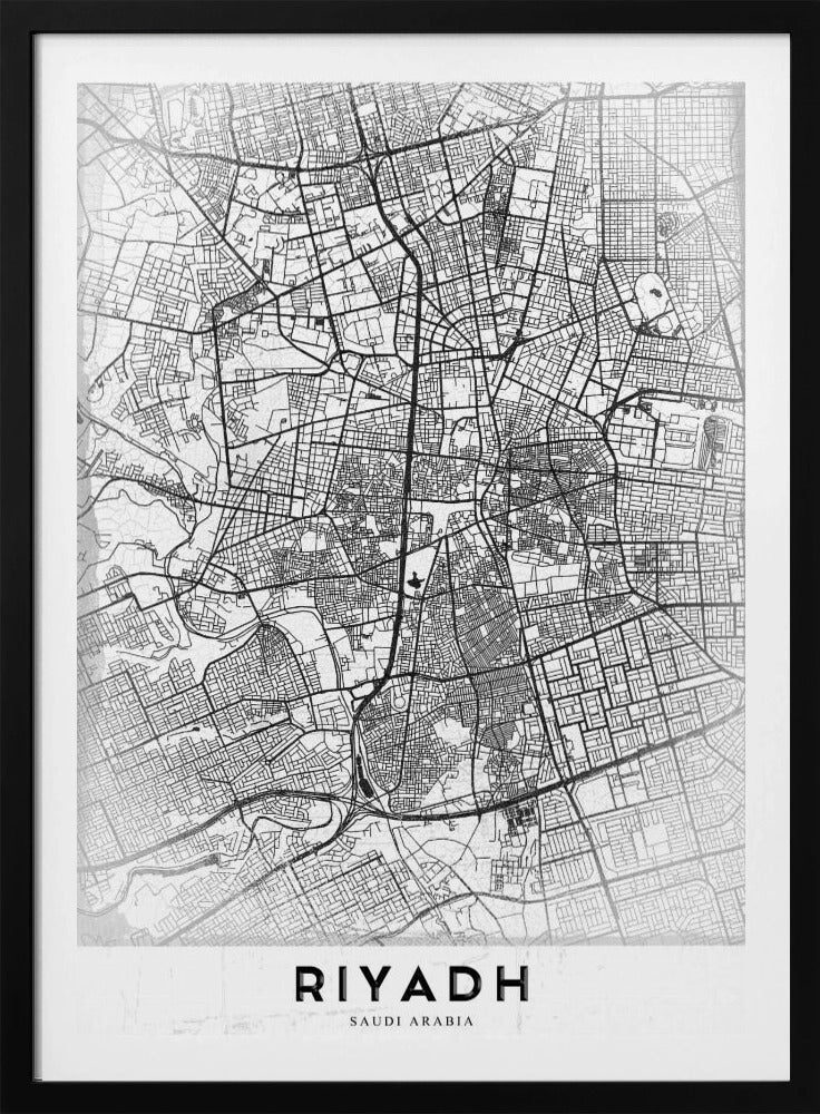 A minimalist, black and white framed poster of a city map of Riyadh. The map details the intricate network of streets and city blocks in black lines on a textured, light gray background. At the bottom, the word 'RIYADH' is printed in a bold, black, sans-serif font. Wall Art