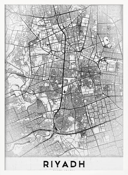 A minimalist, black and white framed poster of a city map of Riyadh. The map details the intricate network of streets and city blocks in black lines on a textured, light gray background. At the bottom, the word 'RIYADH' is printed in a bold, black, sans-serif font. Wall Art