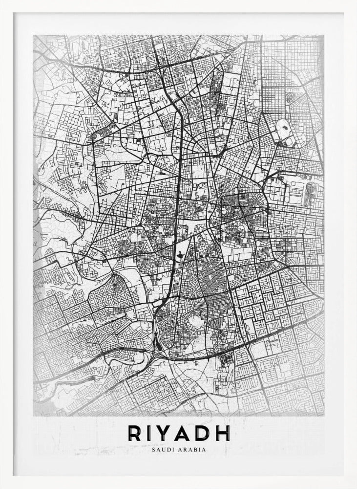 A minimalist, black and white framed poster of a city map of Riyadh. The map details the intricate network of streets and city blocks in black lines on a textured, light gray background. At the bottom, the word 'RIYADH' is printed in a bold, black, sans-serif font. Wall Art