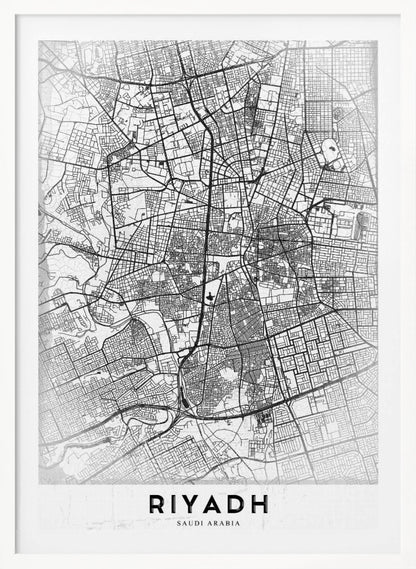 A minimalist, black and white framed poster of a city map of Riyadh. The map details the intricate network of streets and city blocks in black lines on a textured, light gray background. At the bottom, the word 'RIYADH' is printed in a bold, black, sans-serif font. Wall Art