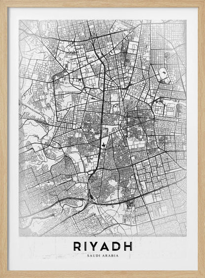 A minimalist, black and white framed poster of a city map of Riyadh. The map details the intricate network of streets and city blocks in black lines on a textured, light gray background. At the bottom, the word 'RIYADH' is printed in a bold, black, sans-serif font. Wall Art