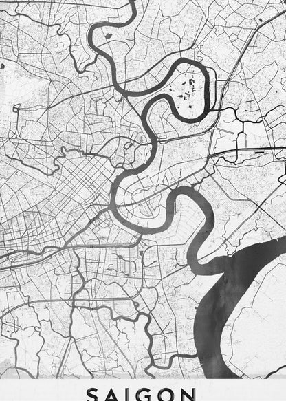 A minimalist black and white map poster of Saigon, Vietnam, displayed in a black frame. The map highlights the winding Saigon River in solid black against a white background with a complex grid of roads and smaller waterways in thin black lines. At the bottom, a white border contains the word 'SAIGON' in bold, black, capital letters. Wall Art