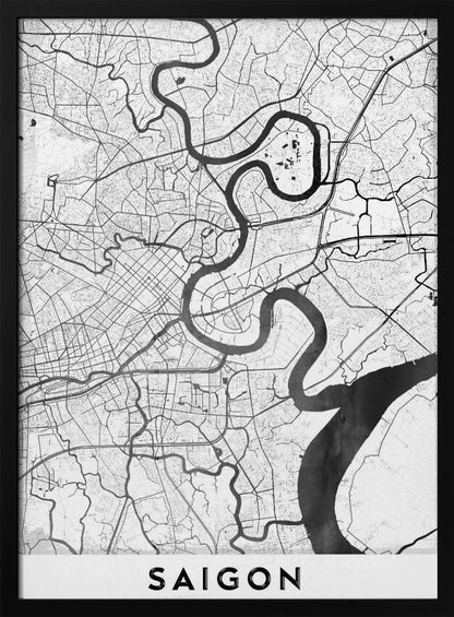 A minimalist black and white map poster of Saigon, Vietnam, displayed in a black frame. The map highlights the winding Saigon River in solid black against a white background with a complex grid of roads and smaller waterways in thin black lines. At the bottom, a white border contains the word 'SAIGON' in bold, black, capital letters. Wall Art