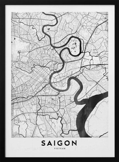 A minimalist black and white map poster of Saigon, Vietnam, displayed in a black frame. The map highlights the winding Saigon River in solid black against a white background with a complex grid of roads and smaller waterways in thin black lines. At the bottom, a white border contains the word 'SAIGON' in bold, black, capital letters. Wall Art