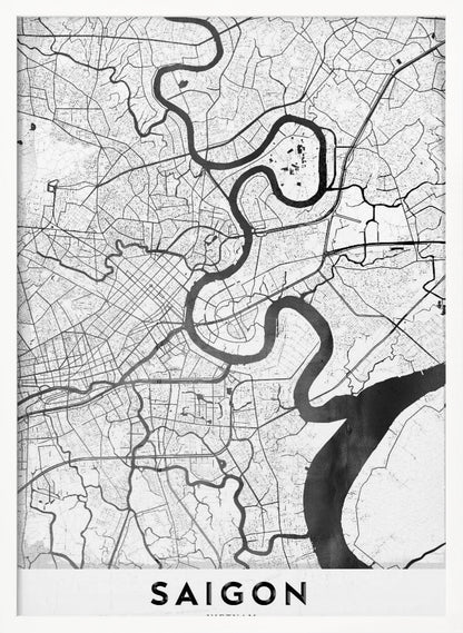 A minimalist black and white map poster of Saigon, Vietnam, displayed in a black frame. The map highlights the winding Saigon River in solid black against a white background with a complex grid of roads and smaller waterways in thin black lines. At the bottom, a white border contains the word 'SAIGON' in bold, black, capital letters. Wall Art