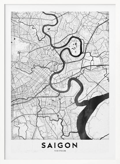 A minimalist black and white map poster of Saigon, Vietnam, displayed in a black frame. The map highlights the winding Saigon River in solid black against a white background with a complex grid of roads and smaller waterways in thin black lines. At the bottom, a white border contains the word 'SAIGON' in bold, black, capital letters. Wall Art