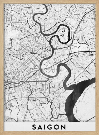 A minimalist black and white map poster of Saigon, Vietnam, displayed in a black frame. The map highlights the winding Saigon River in solid black against a white background with a complex grid of roads and smaller waterways in thin black lines. At the bottom, a white border contains the word 'SAIGON' in bold, black, capital letters. Wall Art