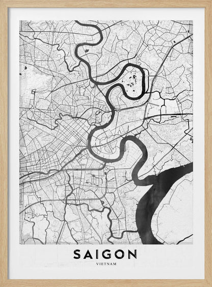 A minimalist black and white map poster of Saigon, Vietnam, displayed in a black frame. The map highlights the winding Saigon River in solid black against a white background with a complex grid of roads and smaller waterways in thin black lines. At the bottom, a white border contains the word 'SAIGON' in bold, black, capital letters. Wall Art