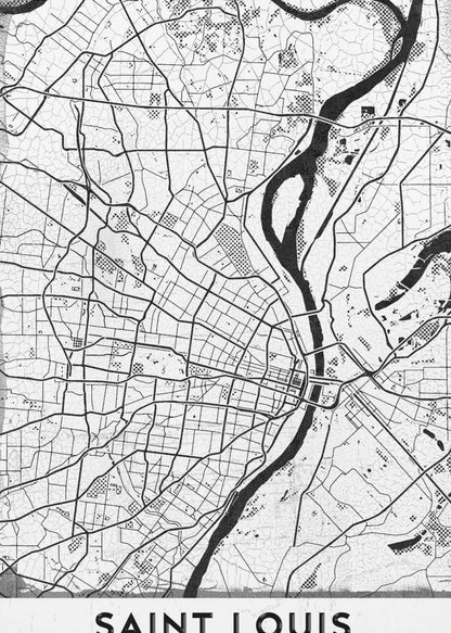 A framed, black and white artistic map of Saint Louis. The map displays a detailed grid of city streets and a prominent, winding river in a stylized, modern design with a slightly distressed texture. The city's name, 'SAINT LOUIS', is printed in a bold, sans-serif font at the bottom. Wall Art
