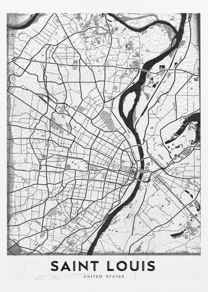 A framed, black and white artistic map of Saint Louis. The map displays a detailed grid of city streets and a prominent, winding river in a stylized, modern design with a slightly distressed texture. The city's name, 'SAINT LOUIS', is printed in a bold, sans-serif font at the bottom. Wall Art