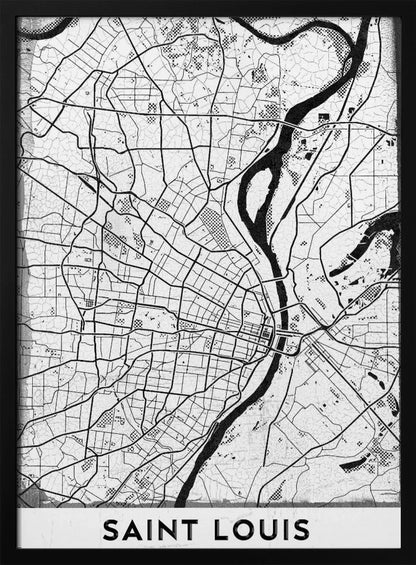 A framed, black and white artistic map of Saint Louis. The map displays a detailed grid of city streets and a prominent, winding river in a stylized, modern design with a slightly distressed texture. The city's name, 'SAINT LOUIS', is printed in a bold, sans-serif font at the bottom. Wall Art
